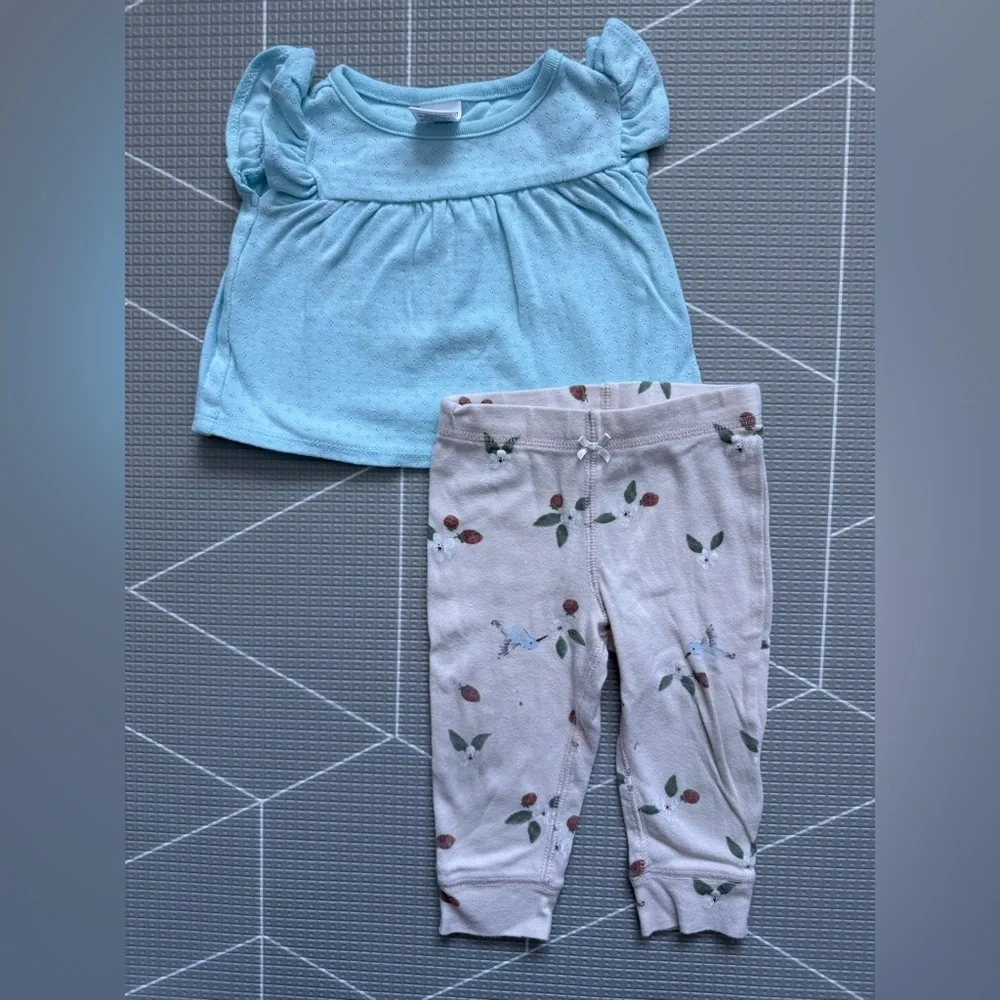 Okie Dokie|Baby girl summer set,Mint Flutter Sleeve eyelet Top & Floral Leggings